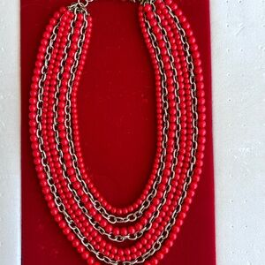 Kenneth Jay Lane Vibrant Red Multi-Strand Coral and 18K Gold Chain Necklace